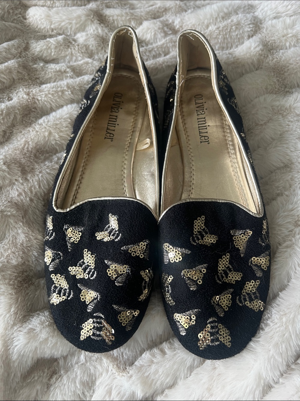 Olivia Miller Black Flats with Gold Sequin Butterfly Accents